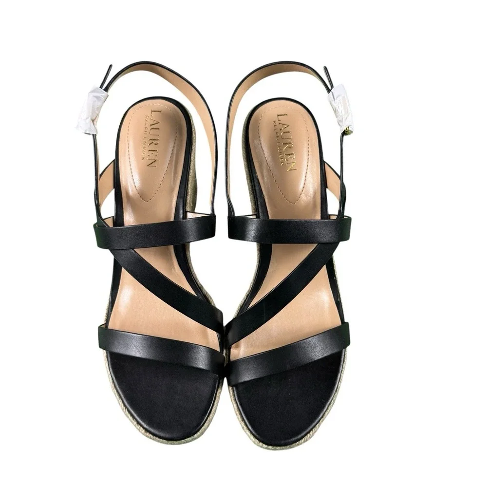 Lauren Ralph Lauren Haleigh Black Leather Platform Wedge Sandals Womens 11B NIB